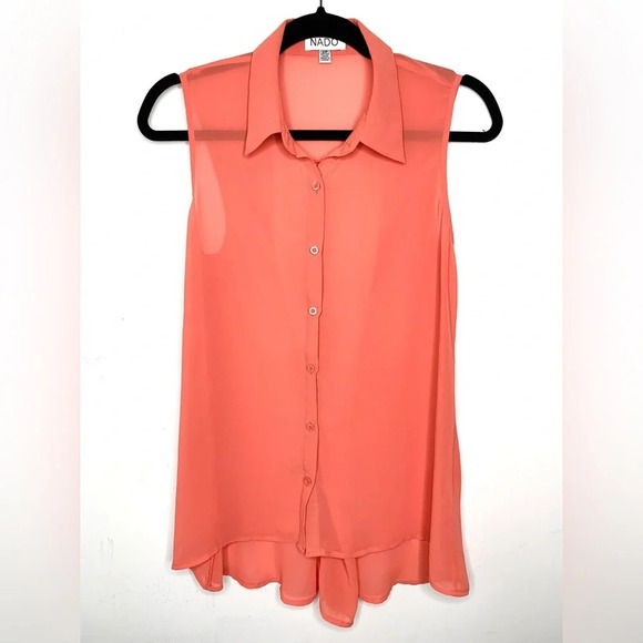 Nado Women's Blouse Sheer Button Down Front Collared Flowy Sleeveless Orange S - Picture 9 of 13
